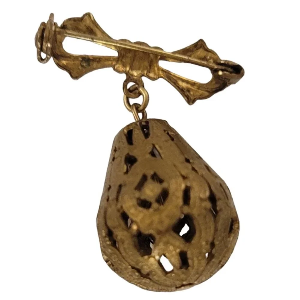 Gold Tone Filigree Pear Shaped Ball Dangle Bow Bar Pin E33
